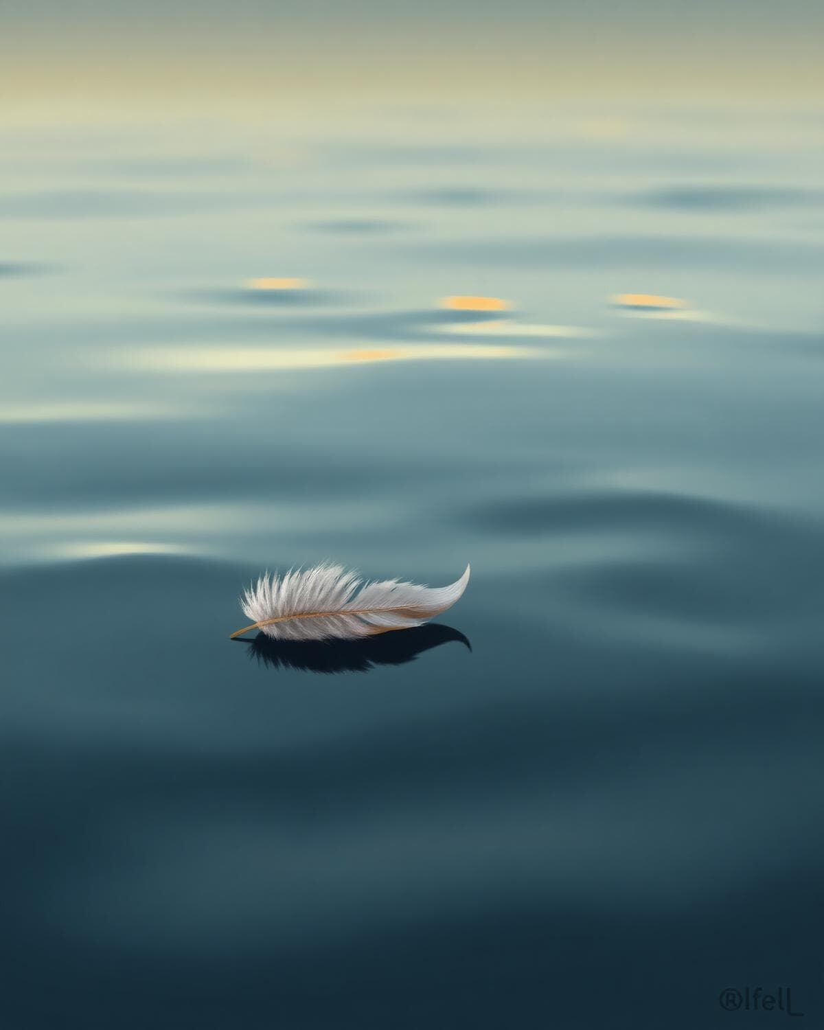 A single feather floating on still water at dusk