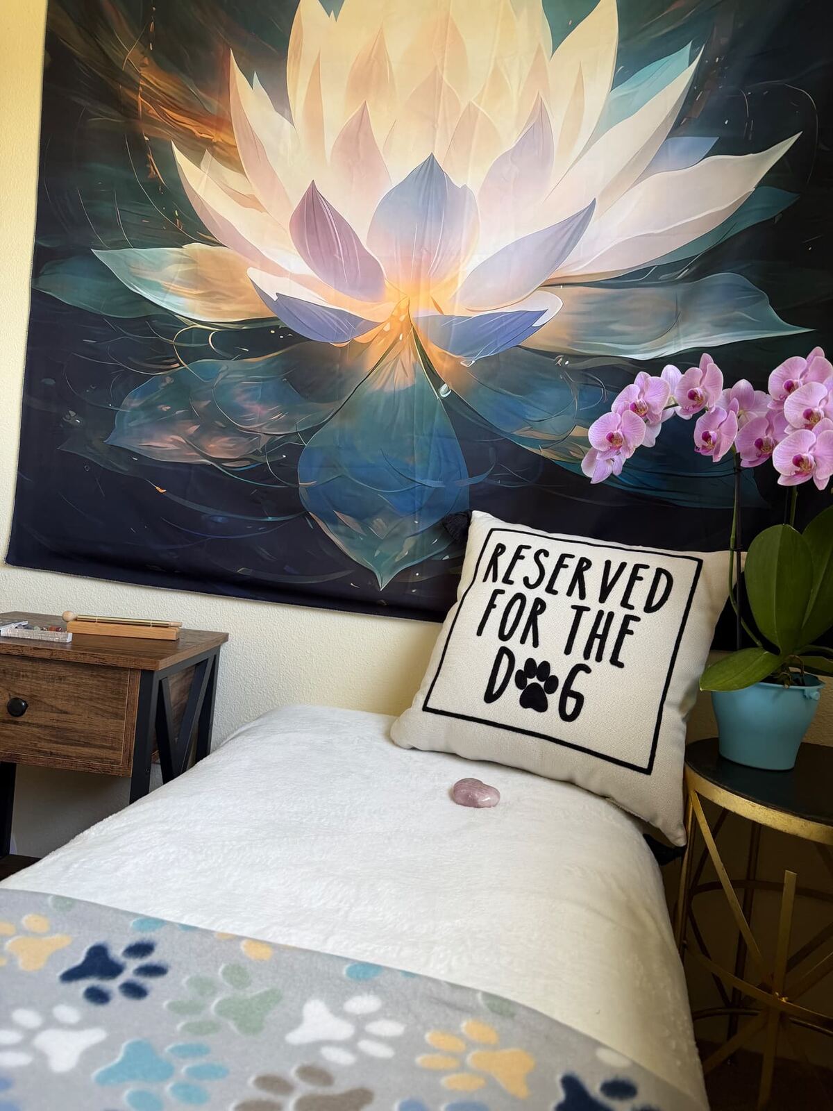 Lotus tapestry above a sanctuary altar